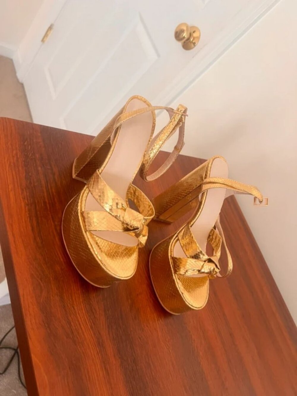 Women's Metallic Platform Chunky Heeled Sandals Open Round Toe Strappy Heels Ank